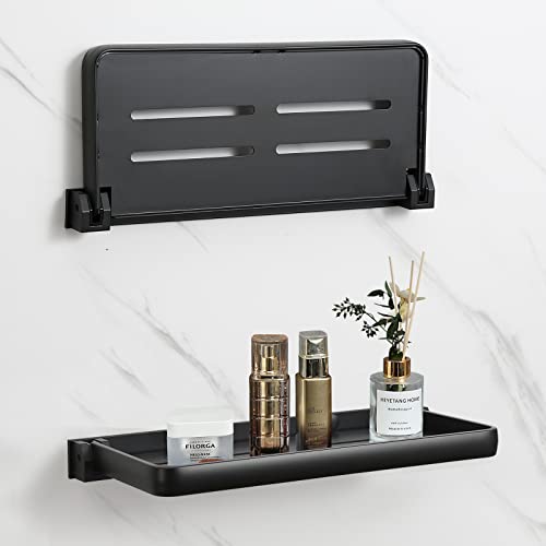 SKIKEN Folding Metal Shelf for Bathroom Wall Mounted, Small Folding Shelf for Laundry Room, 90° Fold Up and Waterproof, Toilet Phone Holder Shelf, Small Shelf for Sink Side, Kitchen(2 Pack, Black)