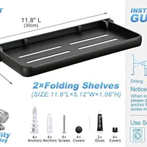 SKIKEN Folding Metal Shelf for Bathroom Wall Mounted, Small Folding Shelf for Laundry Room, 90° Fold Up and Waterproof, Toilet Phone Holder Shelf, Small Shelf for Sink Side, Kitchen(2 Pack, Black)