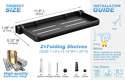 SKIKEN Folding Metal Shelf for Bathroom Wall Mounted, Small Folding Shelf for Laundry Room, 90° Fold Up and Waterproof, Toilet Phone Holder Shelf, Small Shelf for Sink Side, Kitchen(2 Pack, Black)