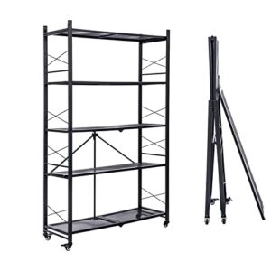 grezone foldable shelves 5 tier storage shelving unit with wheels no assembly heavy duty metal shelf rack for garage kitchen hold up to 1250 lbs (39”×13.5”×63”)