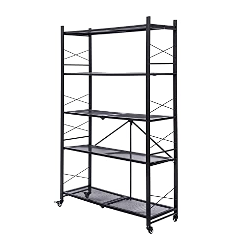 Grezone Foldable Shelves 5 Tier Storage Shelving Unit with Wheels No Assembly Heavy Duty Metal Shelf Rack for Garage Kitchen Hold up to 1250 lbs (39”×13.5”×63”)