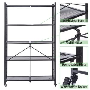 Grezone Foldable Shelves 5 Tier Storage Shelving Unit with Wheels No Assembly Heavy Duty Metal Shelf Rack for Garage Kitchen Hold up to 1250 lbs (39”×13.5”×63”)