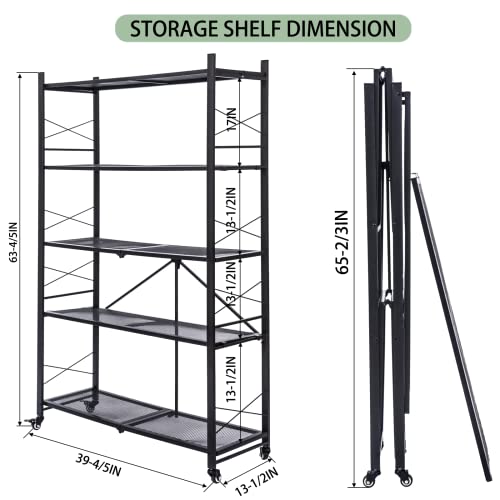 Grezone Foldable Shelves 5 Tier Storage Shelving Unit with Wheels No Assembly Heavy Duty Metal Shelf Rack for Garage Kitchen Hold up to 1250 lbs (39”×13.5”×63”)