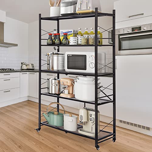 Grezone Foldable Shelves 5 Tier Storage Shelving Unit with Wheels No Assembly Heavy Duty Metal Shelf Rack for Garage Kitchen Hold up to 1250 lbs (39”×13.5”×63”)