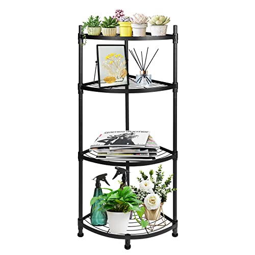 YSSOA 4 Tier Corner Display Rack Multipurpose Metal Shelving Unit, Bookcase Storage Rack Plant Stand for Living Room, Home Office, Kitchen, Small Space, 1-Pack, Black