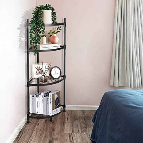 YSSOA 4 Tier Corner Display Rack Multipurpose Metal Shelving Unit, Bookcase Storage Rack Plant Stand for Living Room, Home Office, Kitchen, Small Space, 1-Pack, Black