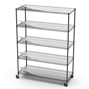 5 tier nsf metal shelf wire shelving unit, 7500lbs capacity heavy duty adjustable storage rack with wheels & shelf liners for commercial grade utility steel storage rack , 82"h x 60"l x 24"d - black
