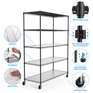 5 Tier NSF Metal Shelf Wire Shelving Unit, 7500lbs Capacity Heavy Duty Adjustable Storage Rack with Wheels & Shelf Liners for Commercial Grade Utility Steel Storage Rack , 82"H x 60"L x 24"D - Black