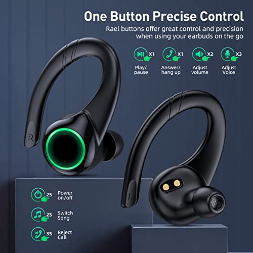 PUREROYI Bluetooth Headphones Wireless Earbuds, 100Hrs Playback Over Ear Earphones with Earhooks, Dual-LED Display, IPX7 Waterproof, Ear Buds Built-in Mic Headset for Sports Running Workout Black