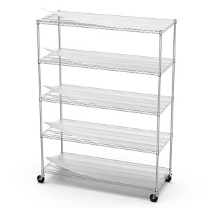 5 tier nsf metal shelf wire shelving unit, 7500lbs capacity heavy duty adjustable storage rack with wheels & shelf liners for commercial grade utility steel storage rack , 82"h x 60"l x 24"d - chrome