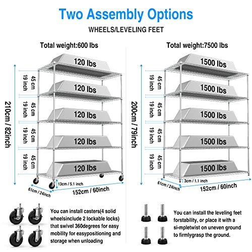 5 Tier NSF Metal Shelf Wire Shelving Unit, 7500lbs Capacity Heavy Duty Adjustable Storage Rack with Wheels & Shelf Liners for Commercial Grade Utility Steel Storage Rack , 82"H x 60"L x 24"D - Chrome