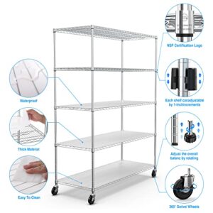 5 Tier NSF Metal Shelf Wire Shelving Unit, 7500lbs Capacity Heavy Duty Adjustable Storage Rack with Wheels & Shelf Liners for Commercial Grade Utility Steel Storage Rack , 82"H x 60"L x 24"D - Chrome