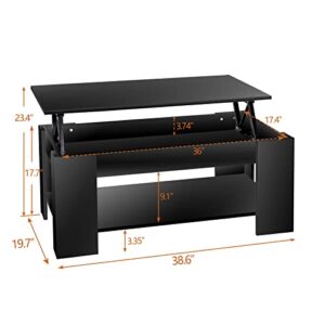 ZENY Lift Top Coffee Table with Hidden Compartment and Storage Shelves, Rising Tabletop Dining Table Modern Furniture for Home, Living Room, Reception Room Office, 38.6in L (Black)