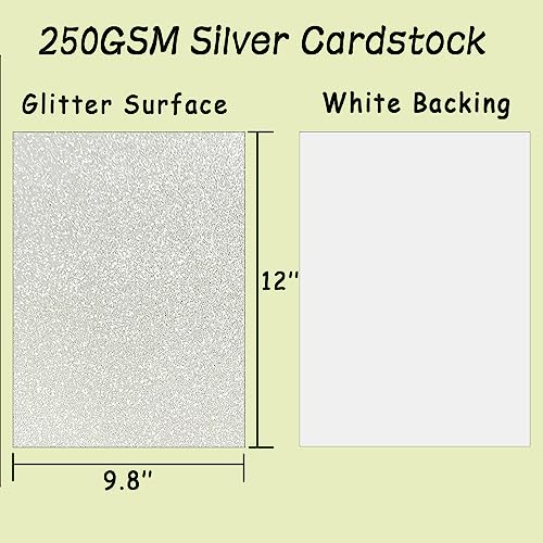 SALEMAR Silver Glitter Cardstock Paper for Cricut Duarable Sparkling Card Stock for Creating Holiday Greeting Card, Cake Toppers, Wedding Crafts, Paper Crafting, 250Gsm, 10 Sheets