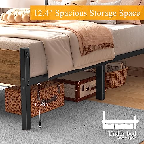 Musen Twin Bed Frames with Wood Headboard 12.4 Inch Metal Platform Bed Frame with Storage No Box Spring Needed Sturdy Non-Slip Without Noise Black & Rustic Brown