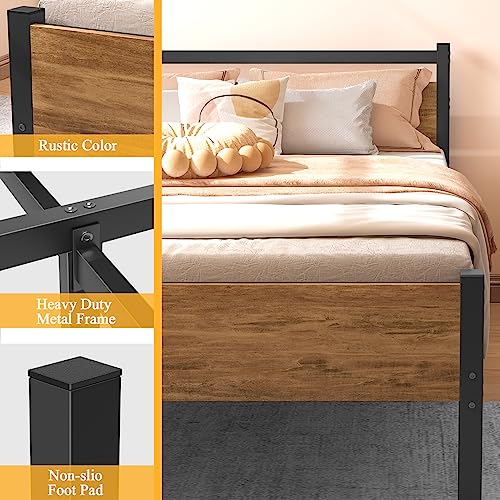 Musen Twin Bed Frames with Wood Headboard 12.4 Inch Metal Platform Bed Frame with Storage No Box Spring Needed Sturdy Non-Slip Without Noise Black & Rustic Brown