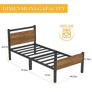 Musen Twin Bed Frames with Wood Headboard 12.4 Inch Metal Platform Bed Frame with Storage No Box Spring Needed Sturdy Non-Slip Without Noise Black & Rustic Brown