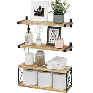 wopitues floating shelves wall mounted, wood bathroom shelves with extra storage shelf, rustic wall shelves for bathroom, bedroom, kitchen, living room, plants - light brown