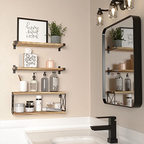 WOPITUES Floating Shelves Wall Mounted, Wood Bathroom Shelves with Extra Storage Shelf, Rustic Wall Shelves for Bathroom, Bedroom, Kitchen, Living Room, Plants - Light Brown