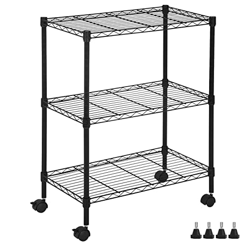 YYkokocat Wire Shelving 32" H x 23W x 13D Storage Shelf with Wheels Adjustable 3 Tier Metal Shelves Unit for Small Places Kitchen Storage Rack Shelf Organizer, 450Lbs Capacity, Black