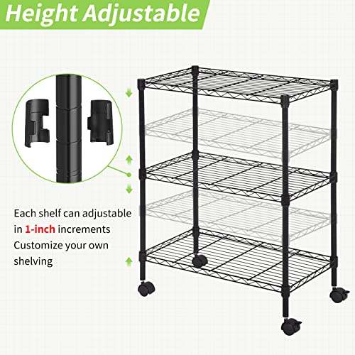 YYkokocat Wire Shelving 32" H x 23W x 13D Storage Shelf with Wheels Adjustable 3 Tier Metal Shelves Unit for Small Places Kitchen Storage Rack Shelf Organizer, 450Lbs Capacity, Black