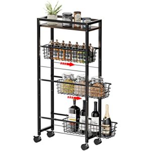 4-tier slim storage cart with wheels,rolling utility cart with slide-out wire baskets & wooden tabletop,mobile shelving unit storage organizer,narrow rolling storage for kitchen bathroom laundry room