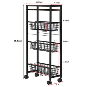 4-Tier Slim Storage Cart with Wheels,Rolling Utility Cart with Slide-Out Wire Baskets & Wooden Tabletop,Mobile Shelving Unit Storage Organizer,Narrow Rolling Storage for Kitchen Bathroom Laundry Room