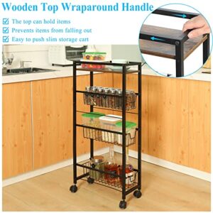 4-Tier Slim Storage Cart with Wheels,Rolling Utility Cart with Slide-Out Wire Baskets & Wooden Tabletop,Mobile Shelving Unit Storage Organizer,Narrow Rolling Storage for Kitchen Bathroom Laundry Room