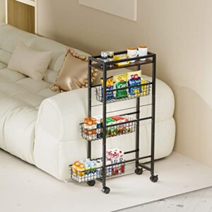 4-Tier Slim Storage Cart with Wheels,Rolling Utility Cart with Slide-Out Wire Baskets & Wooden Tabletop,Mobile Shelving Unit Storage Organizer,Narrow Rolling Storage for Kitchen Bathroom Laundry Room