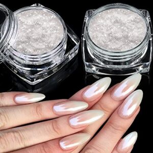 2 boxes white pearl chrome nail powder - transparent clear ice shimmer chrome pigment powder for nails, glazed donut inspired nails mirror effect glitters nail art powder for diy salon