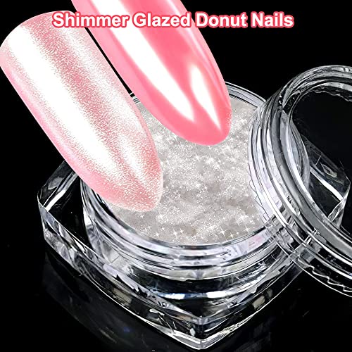 2 Boxes White Pearl Chrome Nail Powder - Transparent Clear Ice Shimmer Chrome Pigment Powder for Nails, Glazed Donut Inspired Nails Mirror Effect Glitters Nail Art Powder for DIY Salon