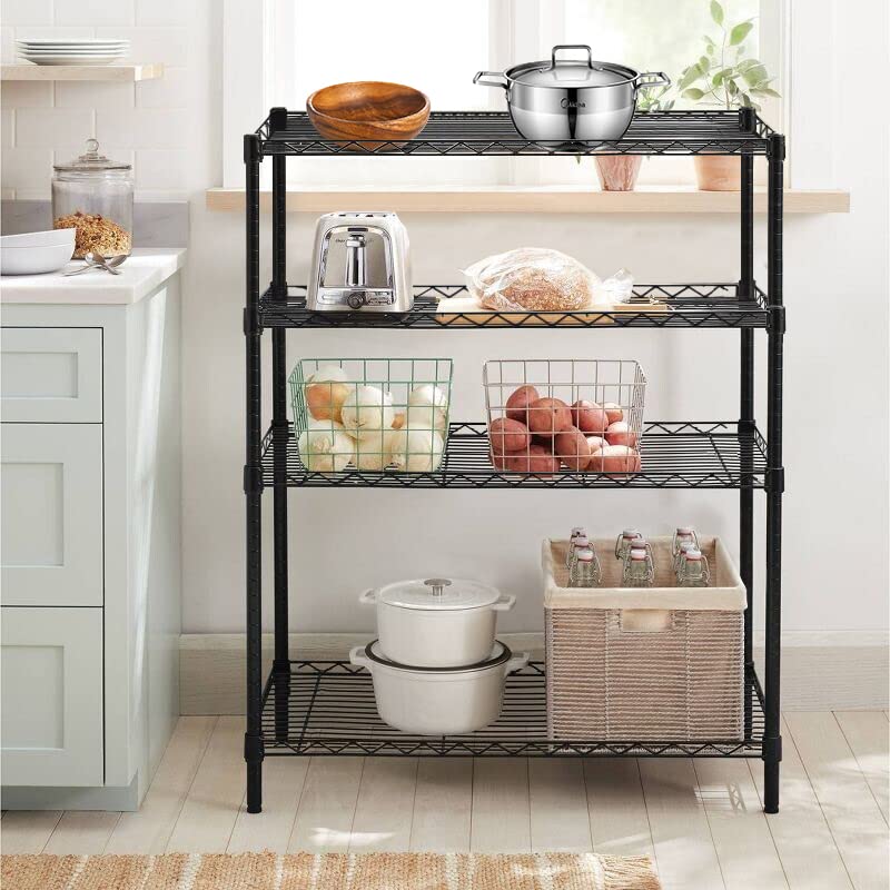 Txxplv 4 Tier Storage Shelves Wire Shelving Unit, Adjustable Metal Storage Rack for Kitchen Bathroom with Leveling Feet (Black)