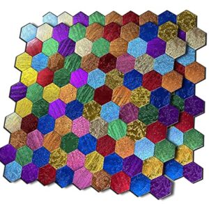 XUANINY Peel and Stick Backsplash Tiles, Rainbow Hexagon Aluminum Surface Metal Mosaic Sticker, Rainbow-Colored Wall Sticker for Living Room, RV，Bar (11.45"x11.02") (11, Hexagon Rainbow Colored)