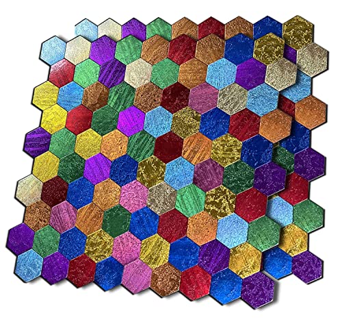 XUANINY Peel and Stick Backsplash Tiles, Rainbow Hexagon Aluminum Surface Metal Mosaic Sticker, Rainbow-Colored Wall Sticker for Living Room, RV，Bar (11.45"x11.02") (11, Hexagon Rainbow Colored)