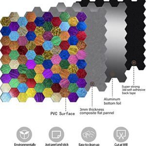 XUANINY Peel and Stick Backsplash Tiles, Rainbow Hexagon Aluminum Surface Metal Mosaic Sticker, Rainbow-Colored Wall Sticker for Living Room, RV，Bar (11.45"x11.02") (11, Hexagon Rainbow Colored)