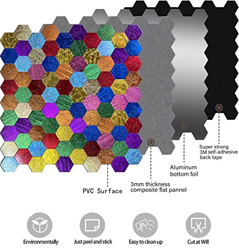 XUANINY Peel and Stick Backsplash Tiles, Rainbow Hexagon Aluminum Surface Metal Mosaic Sticker, Rainbow-Colored Wall Sticker for Living Room, RV，Bar (11.45"x11.02") (11, Hexagon Rainbow Colored)