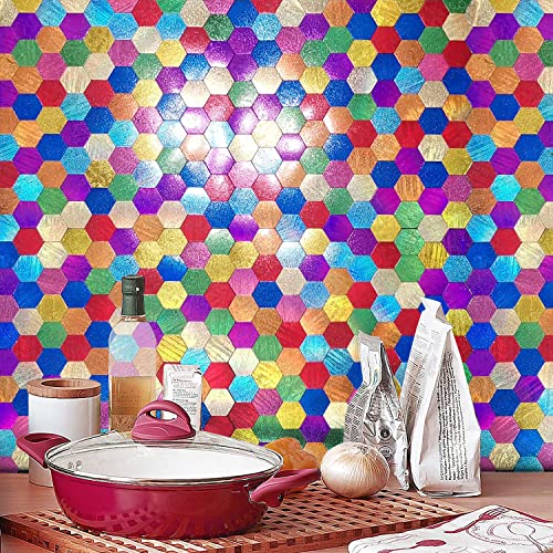 XUANINY Peel and Stick Backsplash Tiles, Rainbow Hexagon Aluminum Surface Metal Mosaic Sticker, Rainbow-Colored Wall Sticker for Living Room, RV，Bar (11.45"x11.02") (11, Hexagon Rainbow Colored)