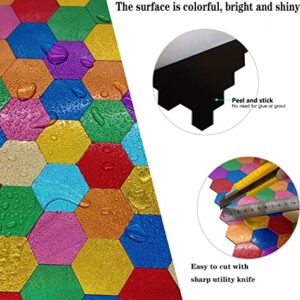 XUANINY Peel and Stick Backsplash Tiles, Rainbow Hexagon Aluminum Surface Metal Mosaic Sticker, Rainbow-Colored Wall Sticker for Living Room, RV，Bar (11.45"x11.02") (11, Hexagon Rainbow Colored)