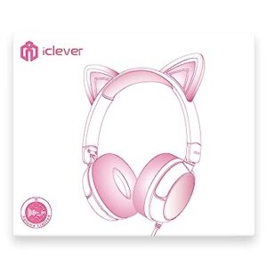 iClever Kids Headphones Cat Ear, LED Light Up, 85dBA Safe Volume, Stereo Sound Toddler Headphones for Travel School, Foldable 3.5mm Wired Kids Headphones for iPad Tablets, Meow Lollipop-Hot Pink