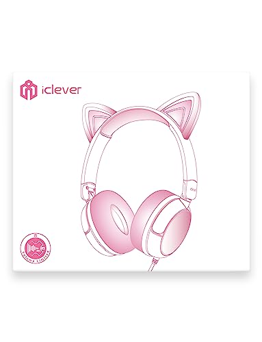 iClever Kids Headphones Cat Ear, LED Light Up, 85dBA Safe Volume, Stereo Sound Toddler Headphones for Travel School, Foldable 3.5mm Wired Kids Headphones for iPad Tablets, Meow Lollipop-Hot Pink