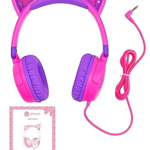 iClever Kids Headphones Cat Ear, LED Light Up, 85dBA Safe Volume, Stereo Sound Toddler Headphones for Travel School, Foldable 3.5mm Wired Kids Headphones for iPad Tablets, Meow Lollipop-Hot Pink