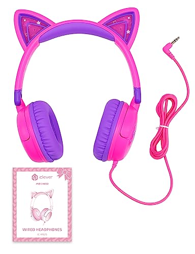 iClever Kids Headphones Cat Ear, LED Light Up, 85dBA Safe Volume, Stereo Sound Toddler Headphones for Travel School, Foldable 3.5mm Wired Kids Headphones for iPad Tablets, Meow Lollipop-Hot Pink