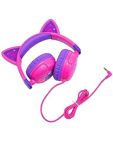 iClever Kids Headphones Cat Ear, LED Light Up, 85dBA Safe Volume, Stereo Sound Toddler Headphones for Travel School, Foldable 3.5mm Wired Kids Headphones for iPad Tablets, Meow Lollipop-Hot Pink