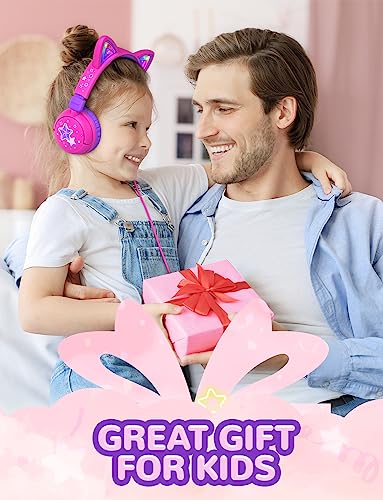 iClever Kids Headphones Cat Ear, LED Light Up, 85dBA Safe Volume, Stereo Sound Toddler Headphones for Travel School, Foldable 3.5mm Wired Kids Headphones for iPad Tablets, Meow Lollipop-Hot Pink