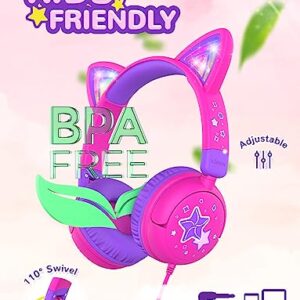 iClever Kids Headphones Cat Ear, LED Light Up, 85dBA Safe Volume, Stereo Sound Toddler Headphones for Travel School, Foldable 3.5mm Wired Kids Headphones for iPad Tablets, Meow Lollipop-Hot Pink