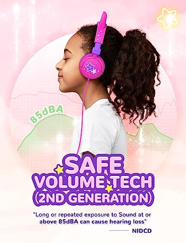 iClever Kids Headphones Cat Ear, LED Light Up, 85dBA Safe Volume, Stereo Sound Toddler Headphones for Travel School, Foldable 3.5mm Wired Kids Headphones for iPad Tablets, Meow Lollipop-Hot Pink