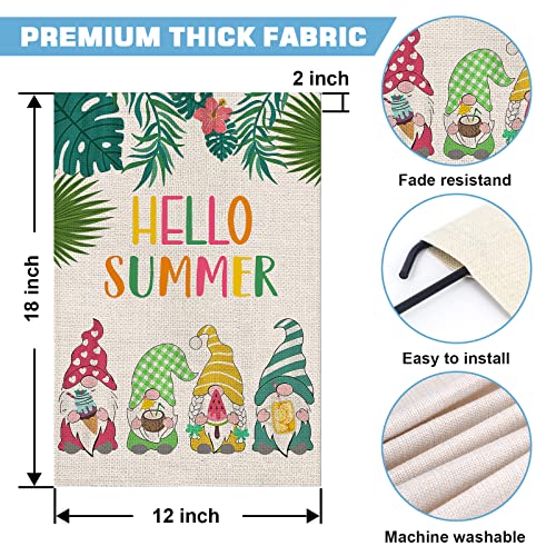 OPULANE Hello Summer Garden Flag Gnomes Beach 12x18 Inch Double Sided Small Vertical Burlap Yard Flags Seasonal Outdoor Decor for Farmhouse Rustic Home Lawn Patio Wedding Outside E1104