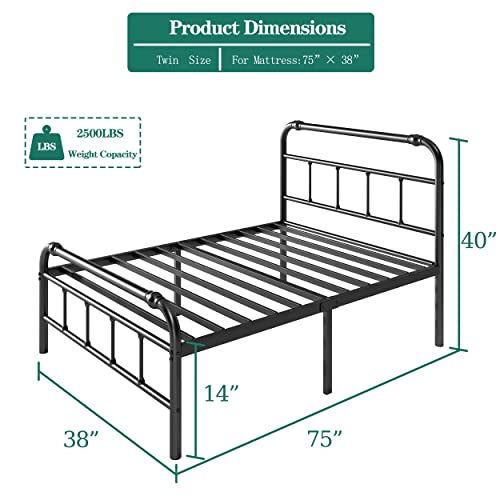 RestVille Twin Bed Frame with Headboard & Footboard 14 INCH Platform Metal Heavy Duty Slats Design Support Up to 3500LB No Box Spring Needed