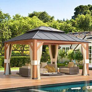 erommy 12'x14' gazebo, wooden grain aluminum frame canopy with galvanized steel hardtop roof, outdoor permanent pavilion with curtains and nettings for patio, backyard, deck