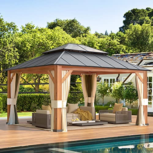 EROMMY 12'X14' Gazebo, Wooden Grain Aluminum Frame Canopy with Galvanized Steel Hardtop Roof, Outdoor Permanent Pavilion with Curtains and Nettings for Patio, Backyard, Deck